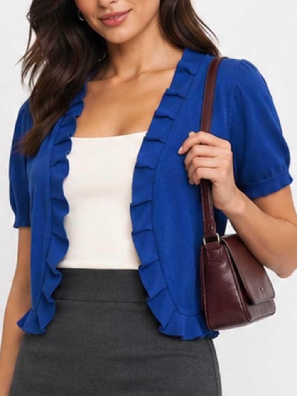 Grace Elements Open Front Cardigan Royal Blue Ruffle Trim Short Sleeve Large